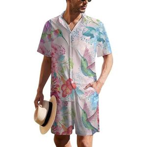 Tropische bloemen en kolibries Hawaïaans pak voor heren, set van 2 stuks, strandoutfit, shirt en korte broek, bijpassende set