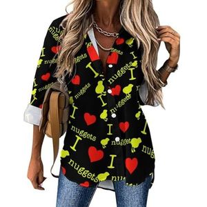 I Love Chicken Nuggets Womens Blouses Hawaiiaanse Button Down Womens Tops Lange Mouw Shirts Tees 3XL