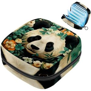 JAVENPROEQT 1 x maandverband, opbergtas, grote maandverband, organizer, herbruikbare eerste menstruatietas voor meisjes, dames, dames, 17 x 17 x 12 cm, schattige panda met bloemen