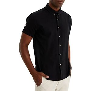 Leif Nelson Linnen overhemd voor heren, zomer, korte mouwen, linnen overhemd voor vrije tijd en business/gemengd van linnen en katoen/regular fit, zwart, L