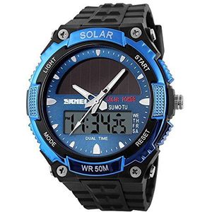 Gosasa Solar Power Sport Horloges Mannen 50M Waterdicht Outdoor Multifunctioneel Militair Horloge (zwart), Blauw, riem