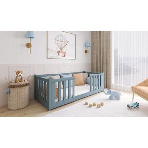 thematys® FERO Montessori Vloerbed 90 x 200 cm, met valbescherming en lattenbodem, kinderbed voor jongens en meisjes, van grenenhout, grijs zonder matras