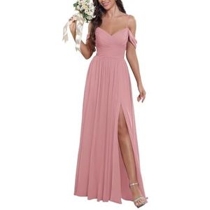 KURFACE Bruidsmeisjesjurken met blote schouders voor dames, met split en V-hals, chiffon, formele avondjurk, Stoffige Roos, 32