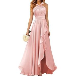 Halter Prinses Bruidsmeisjes Jurken Geplooide Galajurken Ruche Chiffon Split Formele Avond Party Gown ZM212, Blush Roze, 32
