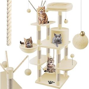 Kesser Krabpaal, extra groot, stabiel, kattenboom, klimboom, met hangmat, sisalstammen, holletjes, speelballen, speeltouw, hoogte 149 cm, met vele rust- en speelmogelijkheden, beige