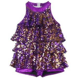 NUOYIXUAN Modern jazz-danspak voor meisjes, kort gymnastiekpak met glinsterende pailletten en houder, podiumoptredingskleding (paars, 16)