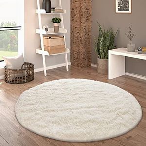 Paco Home Hoogpolig Vloerkleed Rond Woonkamer Shaggy Modern Langpolig Imitatiebont Pluizig Effen, Maat:Ø 200 cm rondje, Kleur:Ivoor (crème)