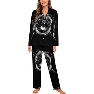 Zwart Portret Pug's Gezicht Lange Mouw Pyjama Sets Voor Vrouwen Klassieke Nachtkleding Nachtkleding Zachte Pjs Lounge Sets