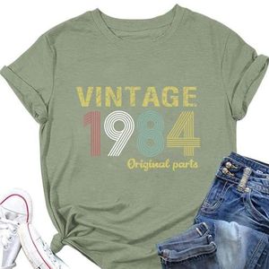 Vintage 1984 Shirts voor Vrouwen Zomer Ronde Hals Korte Mouw 40e Verjaardagscadeau Tees Shirts Harajuku Retro Eenvoudige Tops, Olijfgroen, XL