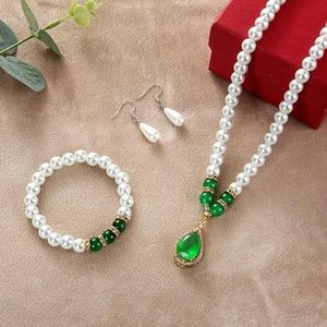 Vintage Fashion natuurlijke Ruby Pearl sieraden Set voor vrouwen ketting oorbellen armband Set bruiloft partij sieraden cadeau -zirkoon set groen