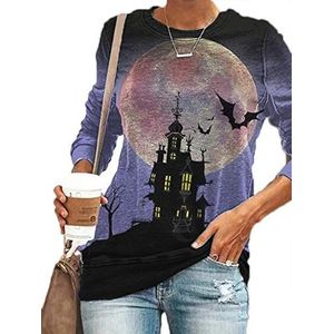Keephen Vrouwen Halloween Kasteel Heks Schedel Print T-Shirts Losse Grafische Gedrukt Lange Mouw Trui Sweatshirt Tops, Kasteel, XXL