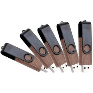 [5-Pack] USB-Stick Walnoot Hout & Zwart Metaal - 360° Draaibare Clip (32, GB)