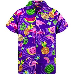 Funky Hawaiiaans Overhemd, Hawaii-Overhemd, Korte Mouw, Flamingo Melon, Purper, S