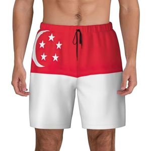 EdWal Singapore vlag afdrukken dubbellaags strandshort,Heren zwembroek sneldrogende zwemshorts Board Shorts, Zwart, XXL