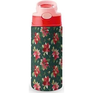 Vintage kerstster bloemen 12 oz waterfles met rietje koffie beker water beker roestvrij staal reizen mok voor vrouwen mannen roze stijl