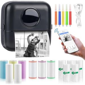 GuKKK Mini-printer, mobiele fotoprinter, draagbaar, draadloze thermische printer, met 13 rollen printerpapier en 5 kleurpotloden, voor leerhulp, studienotities, dagboek, notities, lijst