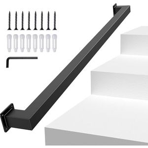 Vierkante trapleuning binnen, zwarte wandmontage leuning voor trap, 450 lbs draagvermogen, antislip metalen leuning, zwaar belastbare koolstofstalen handgreep voor trappen en veranda (520 cm/17ft/205