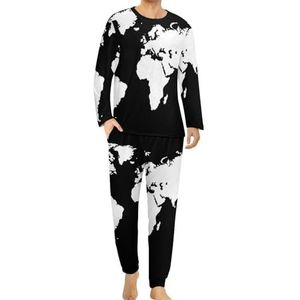 Zwart-wit De Aarde Kaart Mannen Pyjama Set Lounge Wear Lange Mouwen Top En Bottom 2-delige Nachtkleding