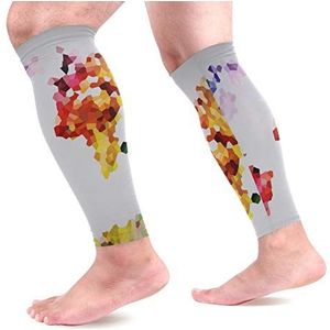EZIOLY Low Poly Wereldkaart Sport Kalf Compressie Mouwen Been Compressie Sokken Kalf Guard voor hardlopen, fietsen, moederschap, reizen, verpleegkundigen
