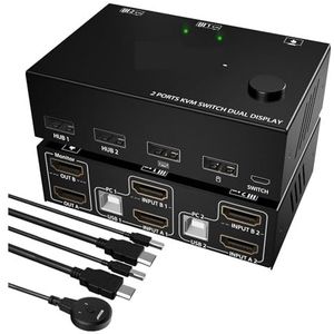 KVM-switch 2-in-2-uitgang, dubbele monitor, switch, bedient 2 computers of laptopmonitoren, ingang, beeldscherm Naadloze Schakeling