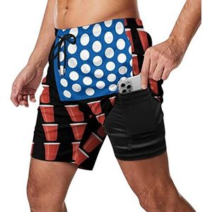 Beer Pong USA Flag Zwembroek voor heren, sneldrogend, 2-in-1 strandsportshorts met compressieliner en zak