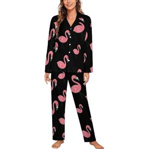 Roze Flamingo Vrouwen Lange Mouw Button Down Nachtkleding Zachte Nachtkleding Lounge Pyjama Set M