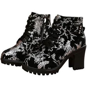 Gotische Enkellaarsjes Met Gesp Veterlaarzen for Dames In Grote Maten Bikerbooties Met Rits Enkellaarsjes Met Blokhak Retro Suède Hoge Hakken for Herfst,winter(Silver,43 EU)