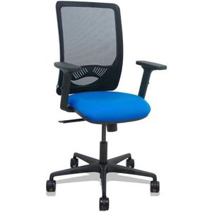 Zulema - Ergonomische bureaustoel met synchroonmechanisme, 2D-armleuningen, rugleuning van ademende netstof, zwart, zitting met Bali-stof in blauw, 65 mm wielen van nylon