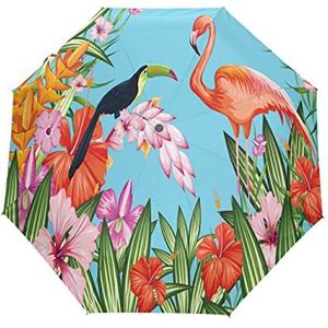 Flamingo Groene Bladeren Leuke Automatische Opvouwbare Paraplu UV-bescherming Auto Open Sluiten Opvouwbare Zonneblokkering Paraplu's voor Reizen Vrouwen Jongens Meisjes