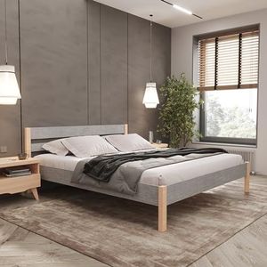 Hansales houten bed 180x200 cm Kaja Scandi Style met oprolframe - met stoffen bekleding - kleur grijs - gemaakt van behandeld FSC® massief berkenhout - kleur bruin -