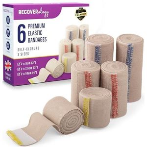 Premium elastische bandage wrap met zelfsluitingen - 6 stuks (2 x 2 inch, 2 x 3 inch, 2 x 4 inch) - compressieverband wraps voor polsen, ellebogen, enkels, knieën, dijen en romp - zelfklevend