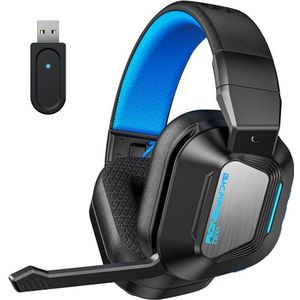 Skapendy VK82 Draadloze gaming-headset, 2,4 GHz, draadloze headset met microfoon + 5,4 bluetooth, opvouwbare gaming-headset voor PS5/PS4/PC/Switch/Mac/Mobile, 50-uurs batterij, LED Light Black & Blue