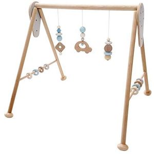 Hess Houten speelgoed 13383 - speeltoestel van hout, serie auto, voor baby's, handgemaakte speelboog met figuren en rammelaars, natuurlijk blauw, ca. 60 x 58 x 55 cm