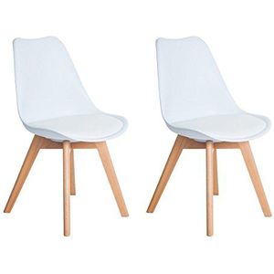 DORAFAIR Witte eetkamerstoelen, set van 2, Britse accenten stoelen met kussen voor keuken of woonkamer, gelegenheidskaptafel stoel voor slaapkamer met gewatteerd ontwerp en 4 beukenhouten poten