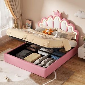 Idemon 140 x 200 cm plat bed, gestoffeerd bed, prinsessenbed, verstelbare sfeerverlichting, kroonlijst (roze)