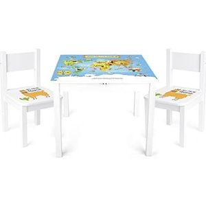 Leomark Kindertafel Yeti + 2 stoelen, kindertafel met 2 stoelen, Afmetingen: 60x60x49 (H) cm, stimuleert creativiteit en leren, Kindermeubelset voor kinderen/Wereldkaart/