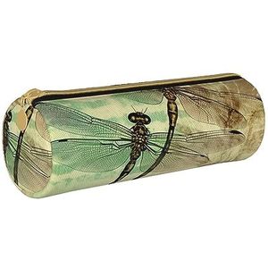 Tekening Bloem Gedrukt Lederen Etui Pen Pouch Potlood Tas Cosmetische Make-up Tas Kantoor Opbergtas Voor Mannen Vrouwen, Libel Libellen Vintage, Eén maat, Munten Pouch