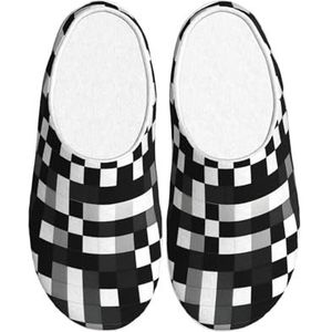 EdWal Zwart Wit Geruite Print Winter Warme Slippers Indoor Anti-slip Pluche Slippers Ontspannen Thuis Voor Vrouwen Mannen, Zwart, 37.5 EU