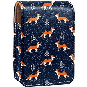 Draagbare Lipstick Case voor op reis, Mini Lipstick Opbergdoos met spiegel voor vrouwen dames, Lederen cosmetische Pouch Leuke Oranje Vos Kerstboom Patroon, Meerkleurig, 9.5x2x7 cm/3.7x0.8x2.7 in