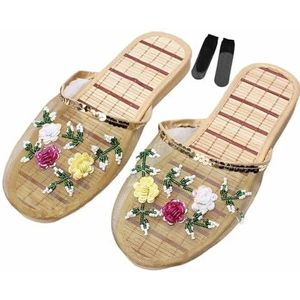 Chinese mesh pantoffels for dames Chinese sandaalpantoffels met bloemenkralen en ademende mesh for dames met sokken (Color : Gold, Size : 39 EU)