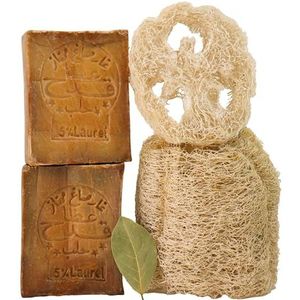 Kanaan Originele Aleppo-zeep, 2 x 200 g, met loofa, 5% laurierolie en 95% olijfolie, handgemaakte natuurlijke zeep voor de gevoelige huid, peeling, hydraterend en antibacterieel, zonder chemische