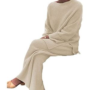 Sawmew Dames Casual Gebreide Tweedelige Set, Dames Herfst Winter Knitwear Sets Losse Trui + Wijde Pijpen Broek, Effen Gebreide Broek Set (Color : Apricot A, Size : L)