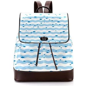 Gepersonaliseerde schooltassen boekentassen voor tiener kleine vis op blauwe witte golfstreep, Meerkleurig, 27x12.3x32cm, Rugzak Rugzakken