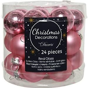 Kaemingk Glazen kerstballen, 25 mm x 24 stuks, mini-kerstballen, spiegelbessen, roze
