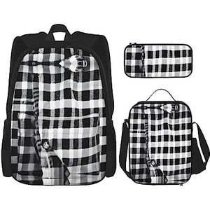 OdDdot Schoolrugzakset, reisrugzak, lichtgewicht boekentas, met lunchtas, etui - zwart wit en rode rozen print, Zwart en Wit Plaid, Eén maat, Schooltas Set