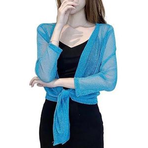CuLtP Dames Bolero Jas Dames Sprankelende Bolero'S Schouderophalend Doorschijnend Vest Met Lange Mouwen Zomer Kort Ijszijde Avondjassen Uitgaan Feestjurken Sjaal Cover Up Jas Blauw L
