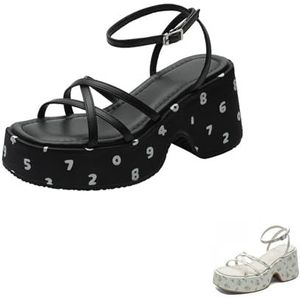 Recuriey Damessandalen voor zomer 2025 - Platform wig van 7,5 cm met een brede pasvorm, enkelbandje met gesp en een zoete en verfrissende Romeinse stijl met open teen,zwart,34 EU