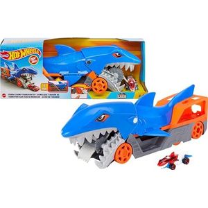 Hot Wheels Haaienoplegger Speelset met 1 auto (schaal 1:64) voor kinderen van 4 tot 8 jaar, Haaienbeet Transportwagen pakt auto's op met zijn kaken en bewaart er maximaal 5 in zijn buik, GVG36