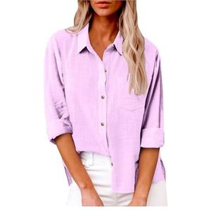 Dames katoenen linnen button-down overhemd 2024 lente casual effen kleur shirts met lange mouwen losse werktops met zakken(Color:Light Purple,Size:3XL)