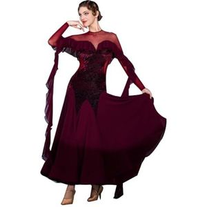 Yhsgscr Dames Velvet Ballroom Professionele Wedstrijdkleding Feestjurken met Slanke Pasvorm Mesh Splice Moderne Banketrok met Grote Swing Nationale Standaard Dansjurk,Rood,L